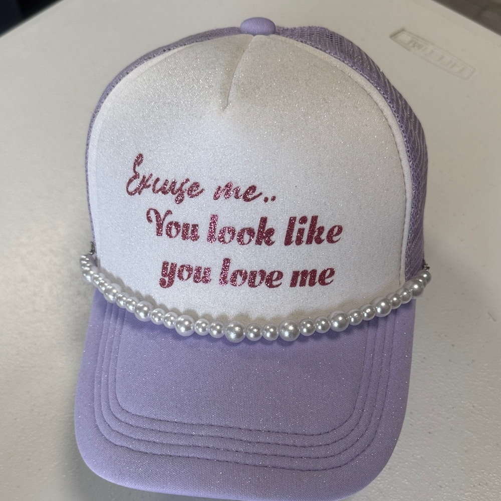Purple and White Trucker Hat with Pearl Detail